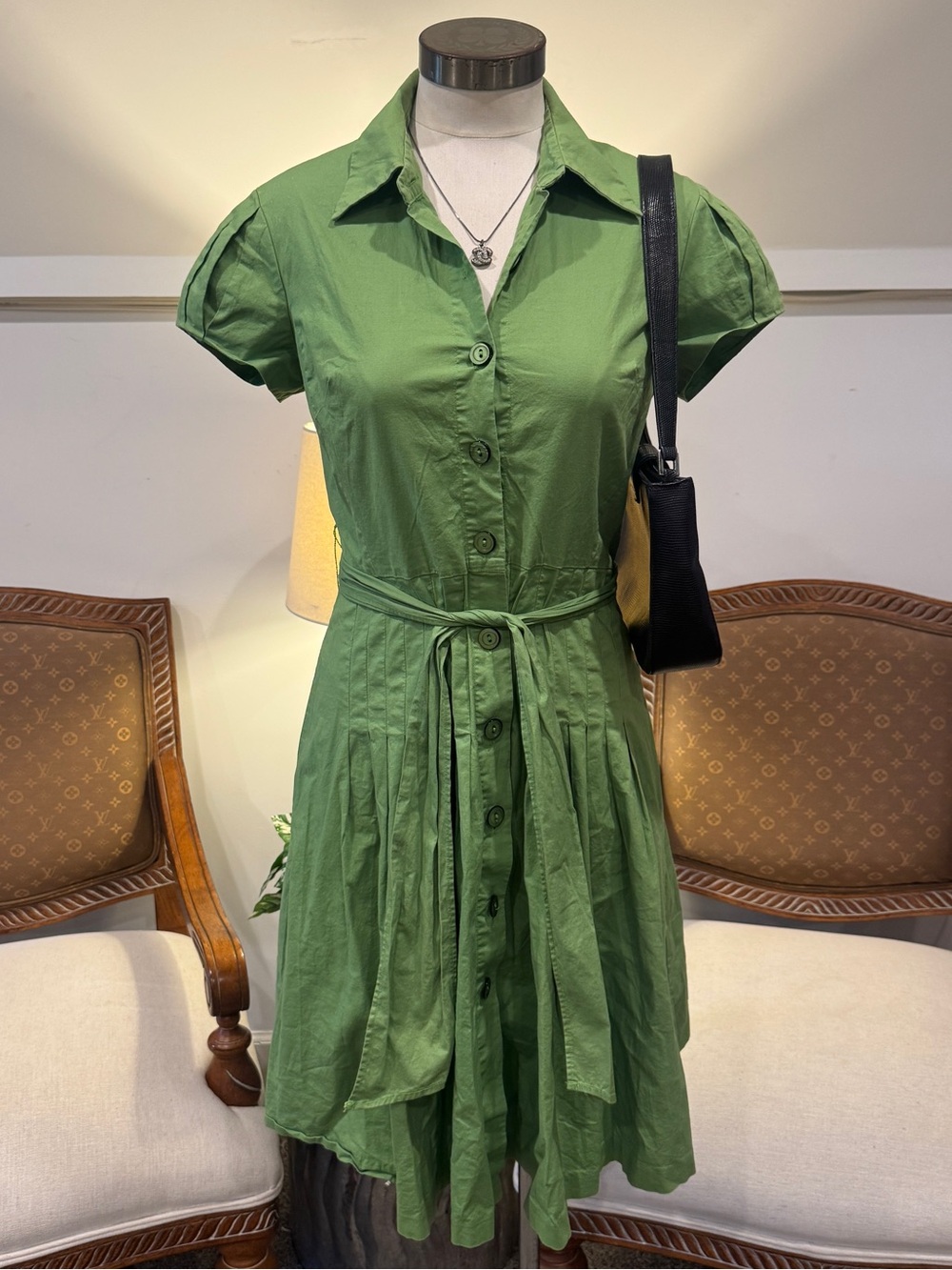 Vintage Y2K Sage Green Cotton Button-Front Shirt Dress with Tie Waist Size M